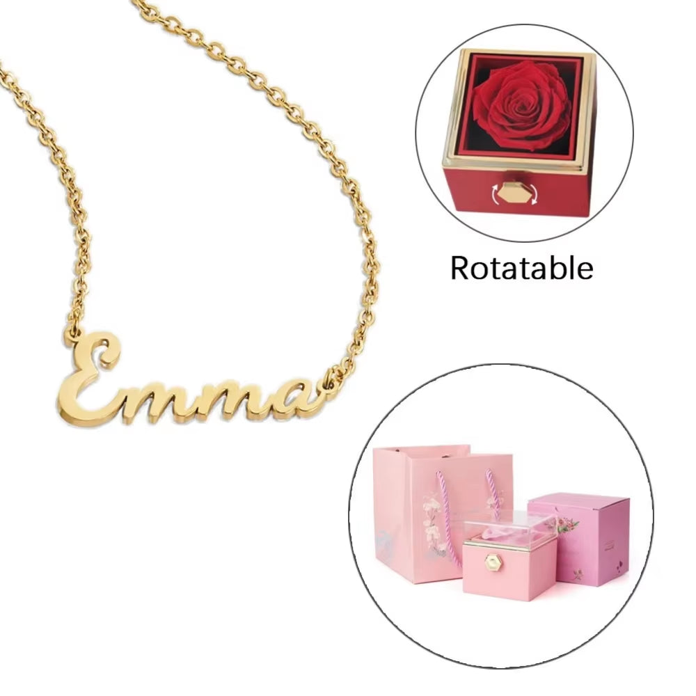 ETERNAL ROSE Box-Customized Name Necklace & REALROSE Flower Gift Box Heart Customize Jewelry Valentine'S Day Gift for Girlfriend